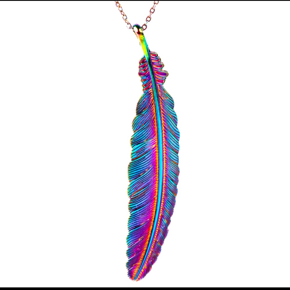 Rainbow 🌈 feather boho necklace 18”